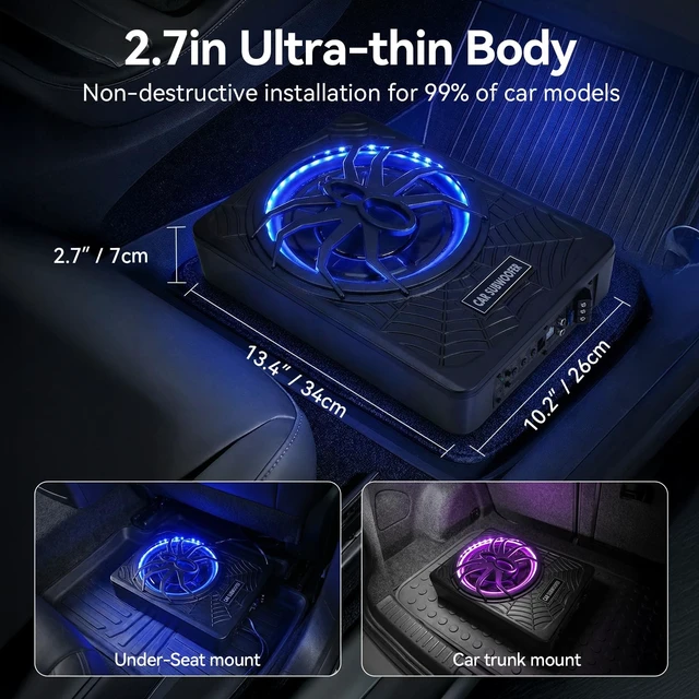 Alt view image 2 of 5 - Vevitts 10 inch Subwoofer, Underseat Car 1800W Slim Subwoofer with Light, Enhanced Bass and Powered Subwoofer Car Audio with Mounting Wire Kit Fit Truck SUV Jeep MPV