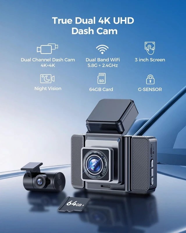 Alt view image 2 of 5 - 4K Dual Dash Cam Front and Rear, STARVIS Sensors Free 64GB Card 5.8GHz WiFi Dash Camera for Cars,140Wide Angle,3" IPS Screen, Dash Camera for Cars, Parking Monitor