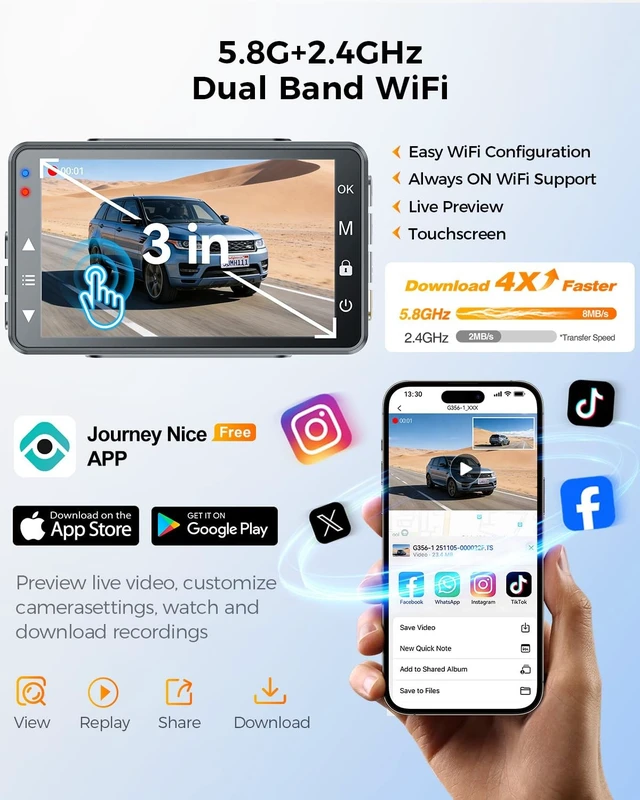 Alt view image 5 of 5 - 4K Dual Dash Cam Front and Rear, STARVIS Sensors Free 64GB Card 5.8GHz WiFi Dash Camera for Cars,140Wide Angle,3" IPS Screen, Dash Camera for Cars, Parking Monitor