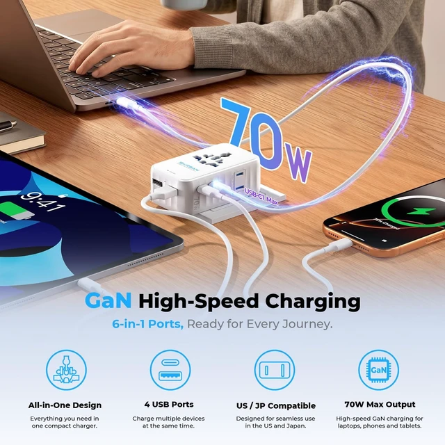 Alt view image 5 of 5 - Aura 70W International Travel Adapter, 6-in-1 Universal Wall Charger