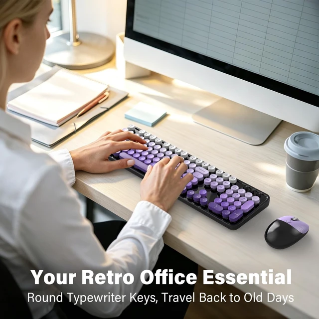 Alt view image 4 of 5 - MOFII Retro Round Wireless Keyboard and Mouse Combo, Full Size 2.4G Lag-Free Plug & Play, Long Battery Life Optical Mouse, Compatible with Laptop Desktop PC- Black Purple Gradient