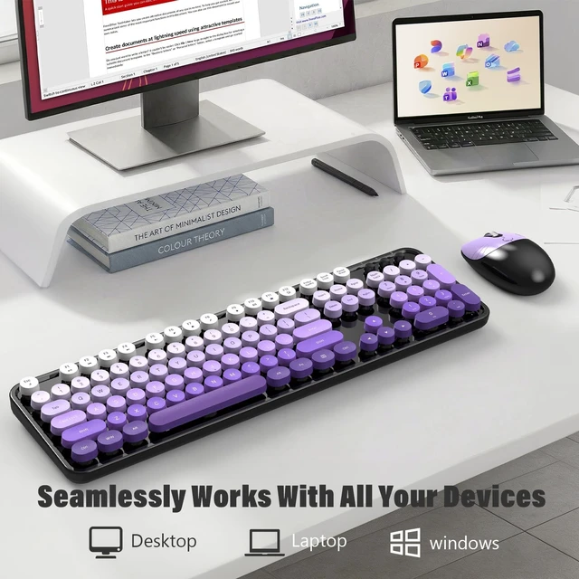 Alt view image 3 of 5 - MOFII Retro Round Wireless Keyboard and Mouse Combo, Full Size 2.4G Lag-Free Plug & Play, Long Battery Life Optical Mouse, Compatible with Laptop Desktop PC- Black Purple Gradient