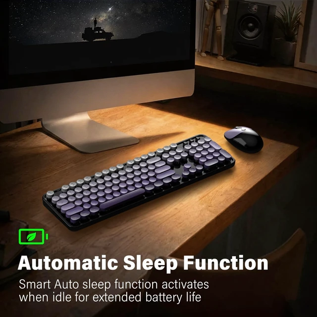 Alt view image 5 of 5 - MOFII Retro Round Wireless Keyboard and Mouse Combo, Full Size 2.4G Lag-Free Plug & Play, Long Battery Life Optical Mouse, Compatible with Laptop Desktop PC- Black Purple Gradient