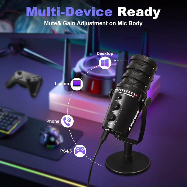 Alt view image 3 of 5 - KXiSWIE Professional Dynamic USB Microphone for Streaming Podcast Recording Gaming, with Broadcast Sound, Noise Reduction, USB-C/XLR Dual Output, Cardioid Pattern, Plug & Play for PC/Computer/Laptop
