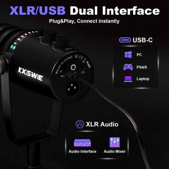 Alt view image 4 of 5 - KXiSWIE Professional Dynamic USB Microphone for Streaming Podcast Recording Gaming, with Broadcast Sound, Noise Reduction, USB-C/XLR Dual Output, Cardioid Pattern, Plug & Play for PC/Computer/Laptop