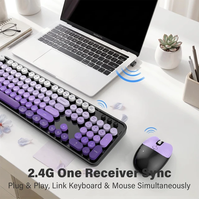 Alt view image 2 of 5 - MOFII Retro Round Wireless Keyboard and Mouse Combo, Full Size 2.4G Lag-Free Plug & Play, Long Battery Life Optical Mouse, Compatible with Laptop Desktop PC- Black Purple Gradient