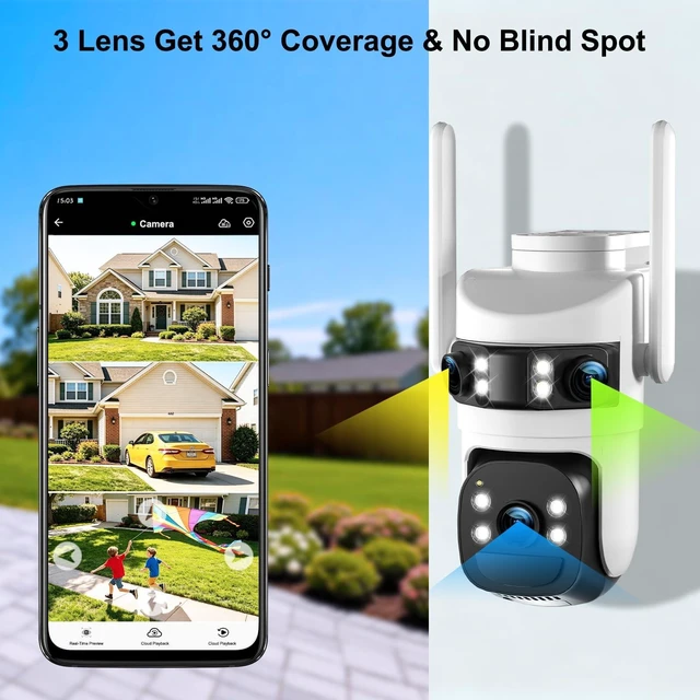 Alt view image 3 of 5 - 8MP 6K Triple Lens Solar Security Camera Outdoor Wireless, Dual-Band 5GHz/2.4GHz WiFi PTZ Camera, Color Night Vision, PIR Human Detection, Auto Tracking, 2-Way Audio for Home, Yard, Garage, Far