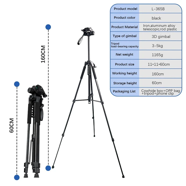Alt view image 2 of 5 - 63" Camera Tripod, Professional Aluminum Stand for Mirrorless Camera/DSLR/Cell Phone/Camcorder, with Phone Holder, Black (63" Camera Tripod)