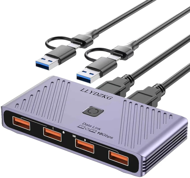 Main image of LLYDZKG USB 3.2 Gen2 Switch 10Gbps, Aluminum Switcher 2 Computers Share 4 USBA Ports, with CrossScreen Control & DragDrop File Transfer, for Keyboard Mouse HDD SSD, USB-A/C Cable 100cm (LLY-G412)