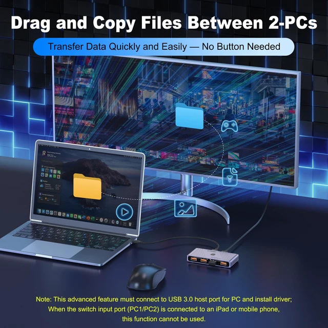 Alt view image 5 of 5 - LLYDZKG USB 3.2 Gen2 Switch 10Gbps, Aluminum Switcher 2 Computers Share 4 USBA Ports, with CrossScreen Control & DragDrop File Transfer, for Keyboard Mouse HDD SSD, USB-A/C Cable 100cm (LLY-G412)