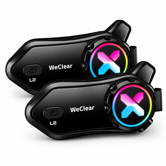 Main image of WeClear L2 Motorcycle Bluetooth Headset, 2-Way Helmet Intercom with Audio Multitasking, Music Sharing, 1000mAh, IP67 Waterproof, 40mm HD Helmet Speakers & Dual Microphones, RGB Light, Dual Pack