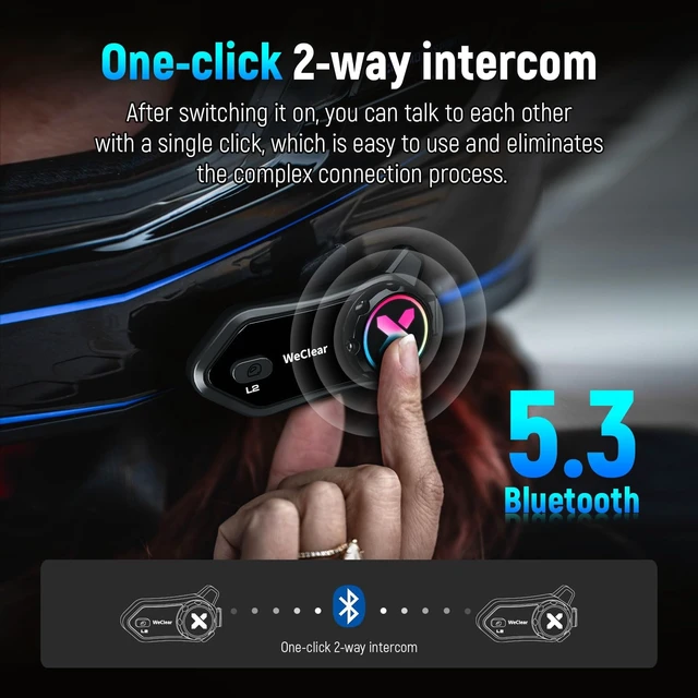 Alt view image 2 of 5 - WeClear L2 Motorcycle Bluetooth Headset, 2-Way Helmet Intercom with Audio Multitasking, Music Sharing, 1000mAh, IP67 Waterproof, 40mm HD Helmet Speakers & Dual Microphones, RGB Light, Dual Pack