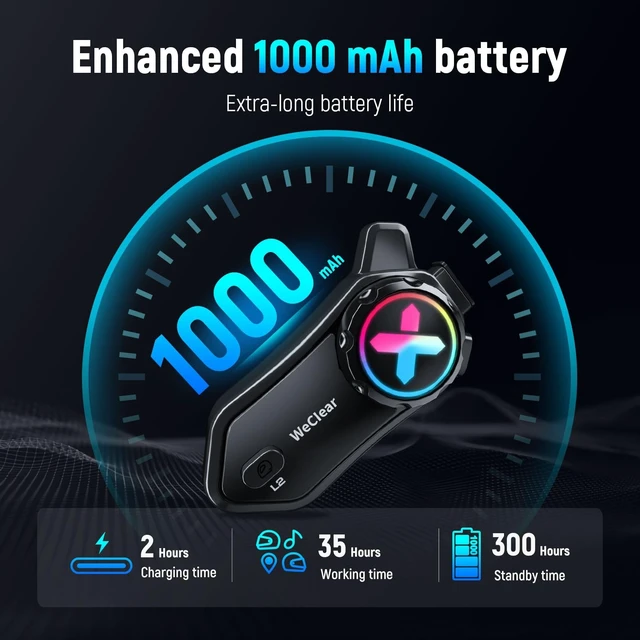 Alt view image 5 of 5 - WeClear L2 Motorcycle Bluetooth Headset, 2-Way Helmet Intercom with Audio Multitasking, Music Sharing, 1000mAh, IP67 Waterproof, 40mm HD Helmet Speakers & Dual Microphones, RGB Light, Dual Pack