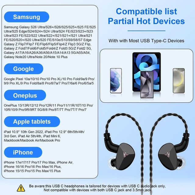 Alt view image 2 of 5 - USB C Headphones HiFi Stereo Earphone for Samsung Galaxy A17 S26 Ultra S25