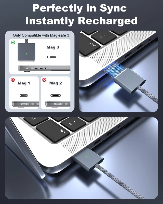 Alt view image 3 of 5 - 140W USB-C to MagSafe 3 Fast Charging Cable 6.6FT Braided Charging Cord