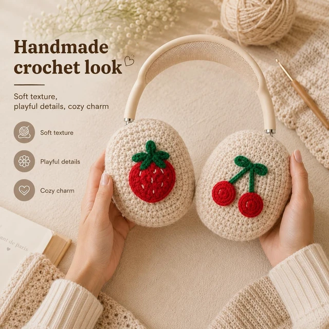 Alt view image 3 of 5 - Handmade Airpods Max Cover - Apple Headphone Cover Cute Design Crochet, Airpod Max Ear Covers, Airpod Max Accessories, Apple Max Pro Headphone Covers, Air Pod Max Stylish Design (Red Cherry)