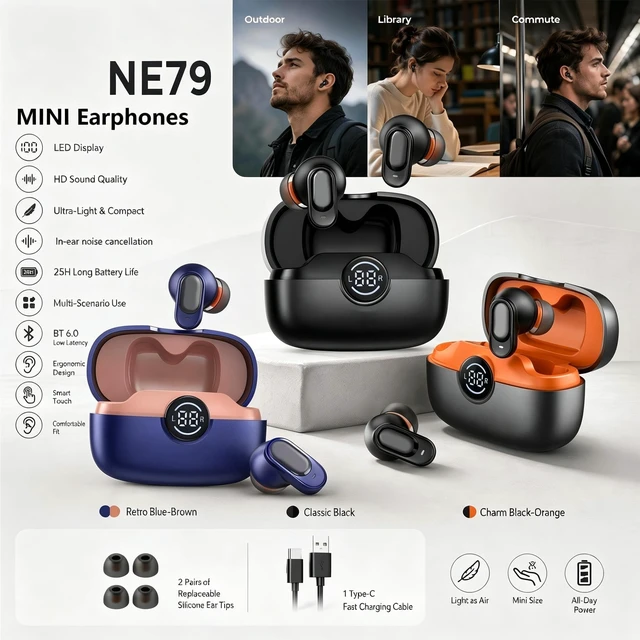 Alt view image 2 of 5 - Rulbovs Wireless Earbuds Bluetooth 6.0, Bass Stereo Sound with ENC Noise Cancelling Mic, LED Power Display, IP7 Waterproof, 60H Playtime, Ergonomic in-Ear Earphones for Phone Sport Laptop (Blac