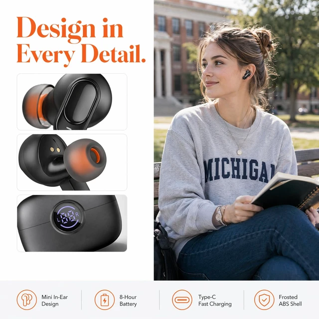 Alt view image 4 of 5 - Rulbovs Wireless Earbuds Bluetooth 6.0, Bass Stereo Sound with ENC Noise Cancelling Mic, LED Power Display, IP7 Waterproof, 60H Playtime, Ergonomic in-Ear Earphones for Phone Sport Laptop (Blac