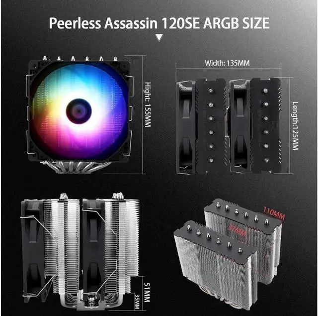 Alt view image 4 of 5 - Peerless Assassin 120 SE ARGB CPU Air Cooler, 6 Heat Pipes Cpu cooler, Dual 120mm TL-C12C-S PWM Fan, Aluminium Heatsink Cover, AGHP Technology, for AMD AM4 AM5/Intel 1150/1151/1200/1700