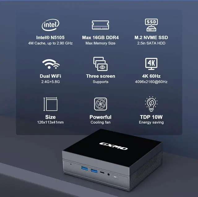 Alt view image 3 of 7 - MiniHyper Mini PC Intel 11th Gen N5105(Up to 2.9GHz) Intel UHD Graphics Mini Computer,16GB RAM DDR4 512GB NVMe SSD Micro Desktop pc,2xHDMI and USB-C Triple 4K Outputs
