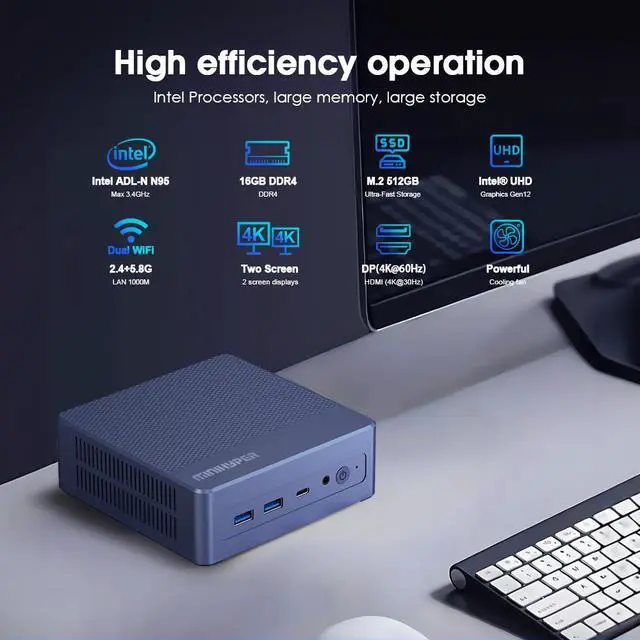 Alt view image 2 of 7 - MiniHyper N9 Mini PC Windows 11 Pro, Intel 12th N95 (up to 3.4GHz) Mini PC, 16GB RAM 512GB M.2 SSD, USB3.2,Mini PC N95 Support 4K UHD Dual HDMI BT5.1, Dual Band WIFI| VESA Mount | Home Office Business