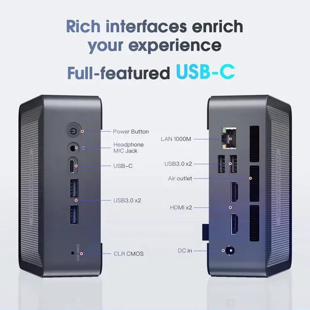 Alt view image 3 of 7 - MiniHyper Mini PC AMD Ryzen 5 5600H(6C/12T, up to 4.2 GHz), H56 Mini Computer 16GB DDR4-3200M RAM 512GB PCIe SSD, Small Micro Desktop PC Support Three-Screen Display, Dual HDMI, Type-C, USB3.0