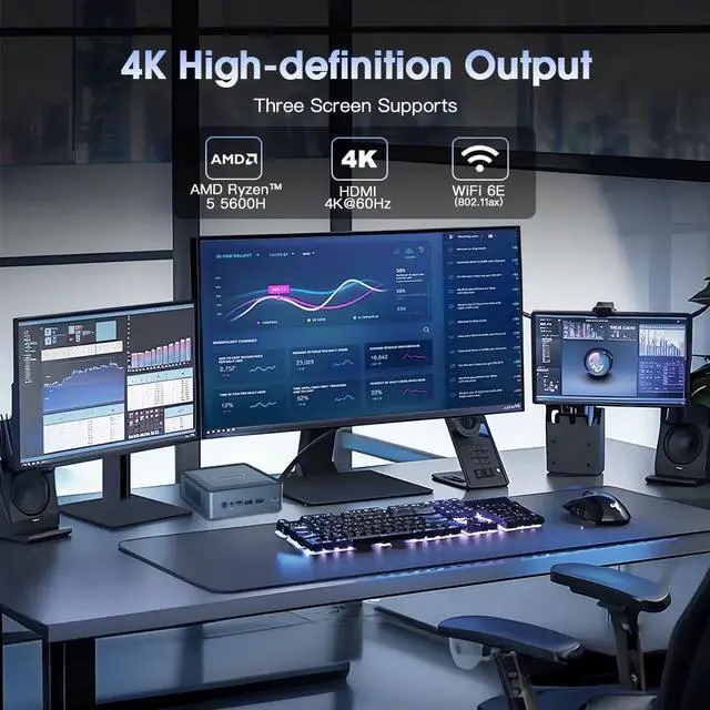 Alt view image 7 of 7 - MiniHyper Mini PC AMD Ryzen 5 5600H(6C/12T, up to 4.2 GHz), H56 Mini Computer 16GB DDR4-3200M RAM 512GB PCIe SSD, Small Micro Desktop PC Support Three-Screen Display, Dual HDMI, Type-C, USB3.0