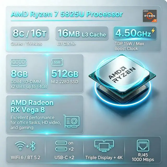 Alt view image 2 of 7 - Ryzen 7 5825U Mini PC, 8GB RAM 512GB SSD, Triple Display 4K, WiFi 6E, Compact Desktop Computer for Office/Home/Busine