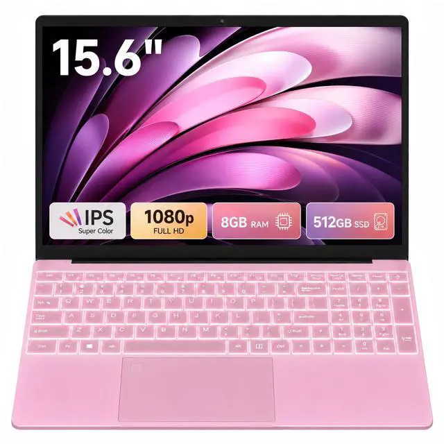 Main image of GXMO 15.6" Student Laptop, Intel N5100, 8GB RAM, 512GB SSD, FHD IPS Display, Backlit Keyboard, Fingerprint Reader, Pink
