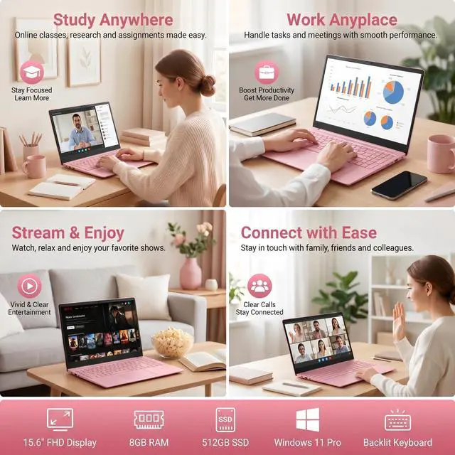 Alt view image 7 of 7 - GXMO 15.6" Student Laptop, Intel N5100, 8GB RAM, 512GB SSD, FHD IPS Display, Backlit Keyboard, Fingerprint Reader, Pink