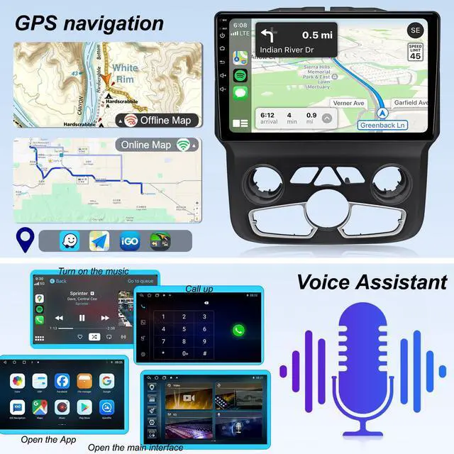 Alt view image 4 of 6 - KSPIV 9 inch Car Stereo for Dodge RAM Pickup 1500 2500 3500 2013-2018 Radio, Wireless CarPlay Android Auto,Android Head Unit with GPS Navigation 2+64G/4+64G HD Backup Camera(Only fit Automatic AC)