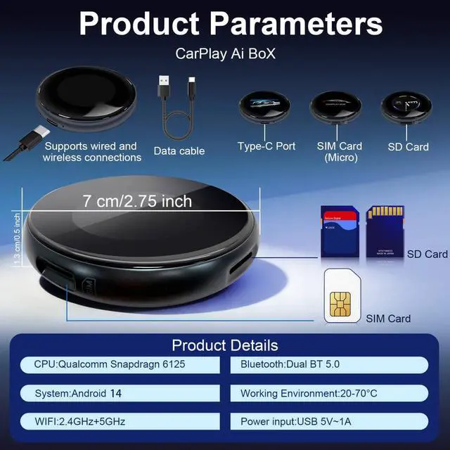 Alt view image 3 of 7 - KSPIV AI Box Wireless CarPlay & Android Auto Adapter, supports Netflix/YouTube/TikTok/SD card, Qualcomm Snapdragon LCD touchscreen with 4+64G/8+128G voice control app downloads plug and play