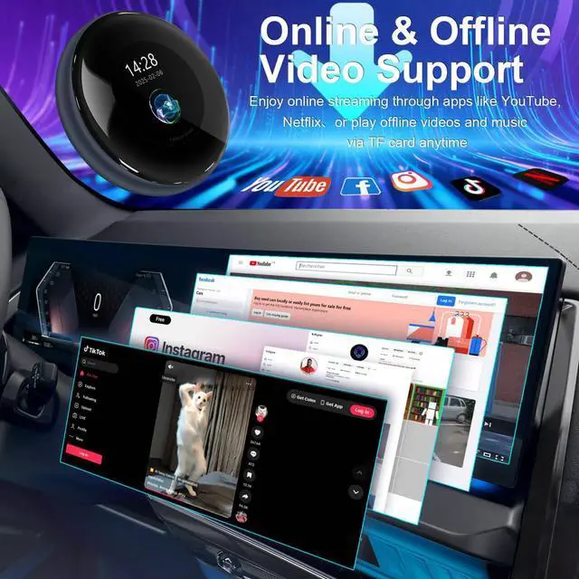 Alt view image 4 of 7 - KSPIV AI Box Wireless CarPlay & Android Auto Adapter, supports Netflix/YouTube/TikTok/SD card, Qualcomm Snapdragon LCD touchscreen with 4+64G/8+128G voice control app downloads plug and play