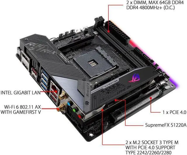 Alt view image 3 of 10 - ASUS ROG Strix X570-I Gaming, X570 Mini-ITX Gaming Motherboard, AMD Ryzen 3000 with PCIe 4.0, WiFi 6 (802.11ax), Intel Gigabit Ethernet, SATA 6Gb/s
