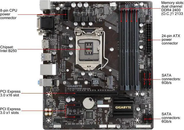 Alt view image 2 of 3 - GIGABYTE GA-B250M-DS3H (rev. 1.0) LGA 1151 Intel B250 HDMI SATA 6Gb/s USB 3.1 Micro ATX Intel Motherboard