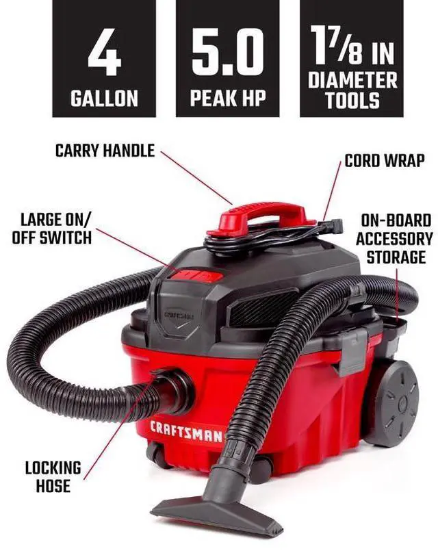 Alt view image 2 of 4 - Craftsman 4 gal Corded Wet/Dry Vacuum 120 V 5 HP