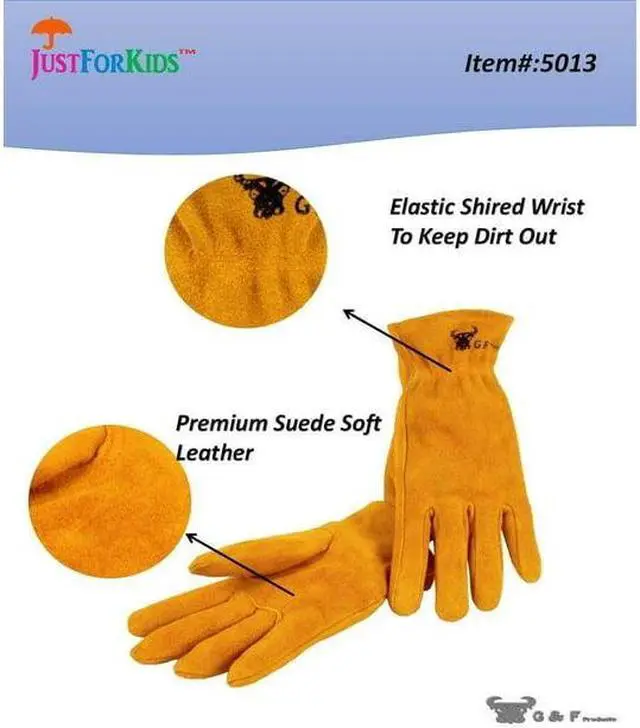 Alt view image 6 of 7 - G & F Products Kids Leather Work Gloves, Keystone Thumb, Size Medium Brown