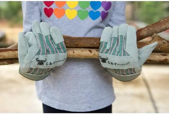 Alt view image 5 of 7 - G&F Gardening Gloves, Safety Cuff, Leather, Pack 1, Age 4 to 6 Color Brown Cowhide Leather