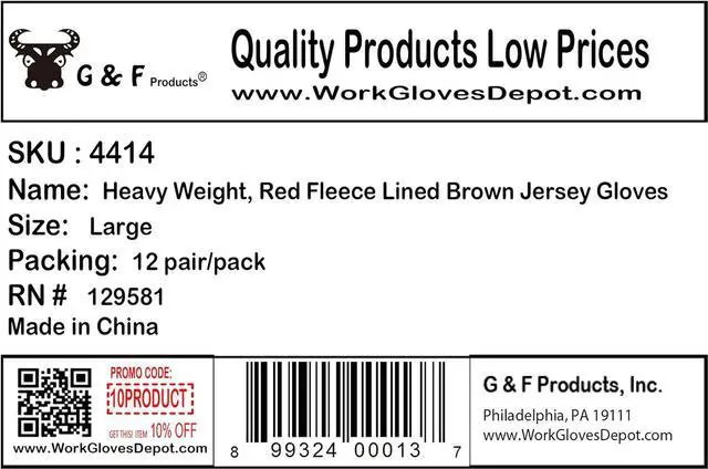 Alt view image 6 of 6 - G & F Products Brown Jersey Winter Work Gloves with Red Fleece Lining