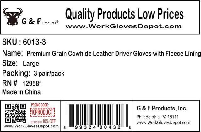 Alt view image 5 of 5 - G & F 6013M-3 Cold Weather Premium Genuine Grain Cowhide Leather Gloves with Red Fleece Lining (3 Pair), Winter Work Gloves, Driving Gloves, Men's Large