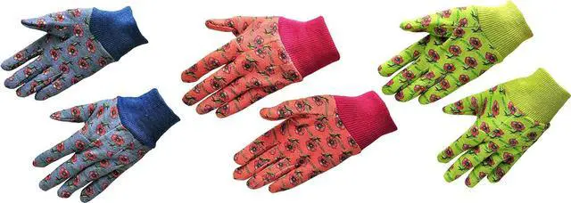 Alt view image 2 of 6 - G & F Products 1823-3 JustForKids Soft Jersey Kids Garden Gloves, Kids Work Gloves, 3 Pairs Green/Red/Blue per Pack