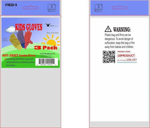 Alt view image 4 of 6 - G & F Products 1823-3 JustForKids Soft Jersey Kids Garden Gloves, Kids Work Gloves, 3 Pairs Green/Red/Blue per Pack