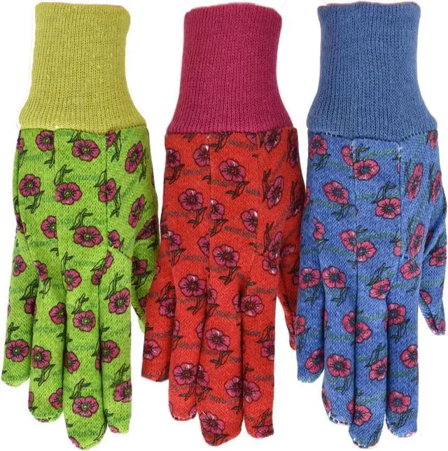 Main image of G & F Products 1823-3 JustForKids Soft Jersey Kids Garden Gloves, Kids Work Gloves, 3 Pairs Green/Red/Blue per Pack