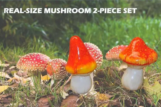 Alt view image 2 of 5 - G & F 10042 MiniGardenn Fairy Garden Miniature Premium Collection Life Size Mushroom Statue (Set of 2), Orange