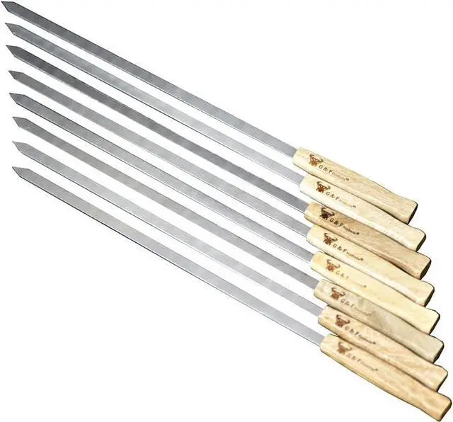 Main image of 17-Inch Long, Large Stainless Steel Brazilian-style BBQ Skewers with hardwood Handle, Kebab Kabob Skewers, 3/8 Inch Wide Blade, Set of 8 Skewer with heavy-duty Travel Bag