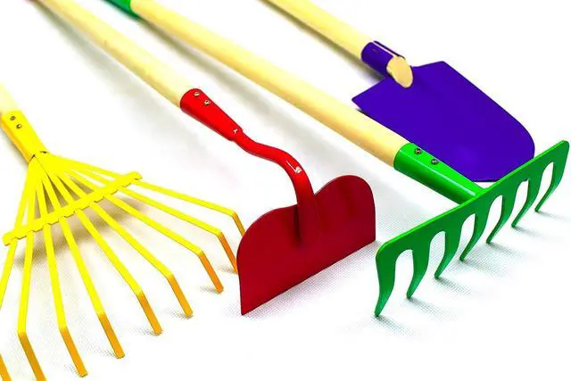 Alt view image 4 of 7 - JustForKids Kids Garden Tool Set Toy, Rake, Spade, Hoe and Leaf Rake, reduced size , made of sturdy steel heads and real wood handle, 4-Piece, Multicolored, 5yr+