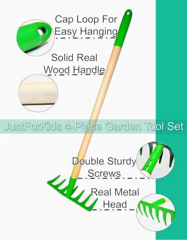 Alt view image 5 of 7 - JustForKids Kids Garden Tool Set Toy, Rake, Spade, Hoe and Leaf Rake, reduced size , made of sturdy steel heads and real wood handle, 4-Piece, Multicolored, 5yr+