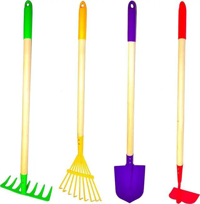 Main image of JustForKids Kids Garden Tool Set Toy, Rake, Spade, Hoe and Leaf Rake, reduced size , made of sturdy steel heads and real wood handle, 4-Piece, Multicolored, 5yr+
