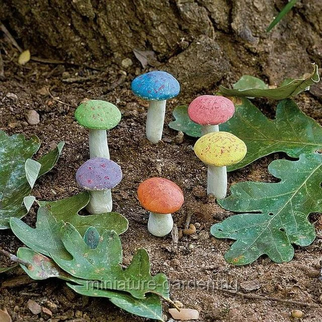 Alt view image 4 of 4 - Miniature Mushrooms, Set of 3 for Miniature Garden, Fairy Garden Green Purple