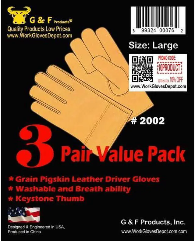Alt view image 4 of 6 - G & F Products Gloves Full Grain 2002MFBA, Leather Gloves, Unisex 3 Pairs, Size Medium